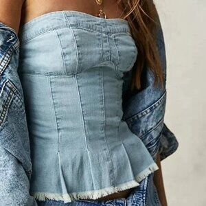 Free People Better Days Tube Top Blue Denim Corset Strapless Smock Frayed Hem S